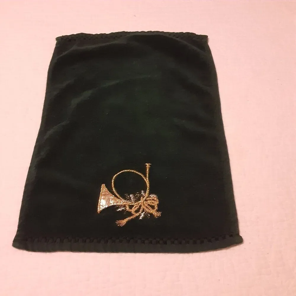 Vintage Christmas 3pc Towel Set Ribbons & Horns Hunter Green & Gold